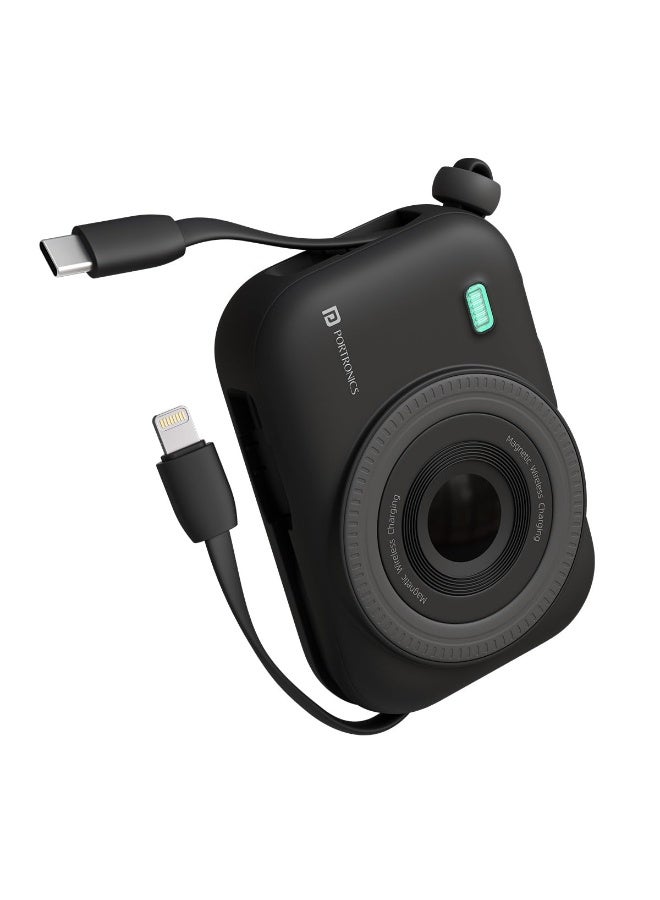 بورترونيكس Portronics Power Shutter 10000mAh 15W Magnetic Wireless Fast Charging Powerbank with in-Built Type C & 8 Pin Cable, 22.5W Type C PD Output, Type C Bidirectional Port, LED Display (Black) - Image 1